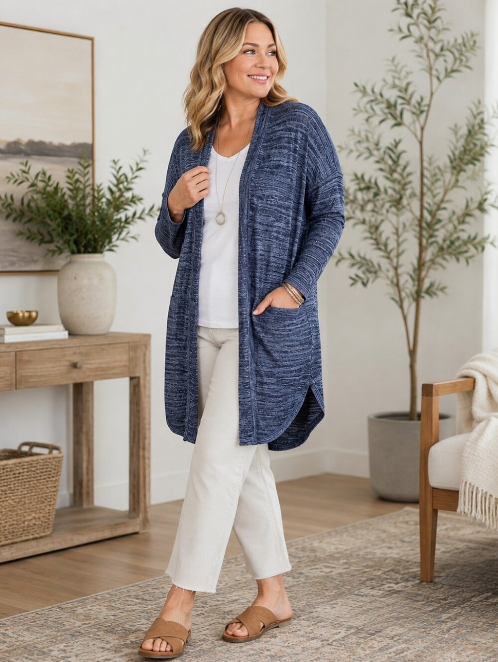 J. JILL Pure Jill Light Shirttail Cardigan Blue Cotton Linen Blend Open Front